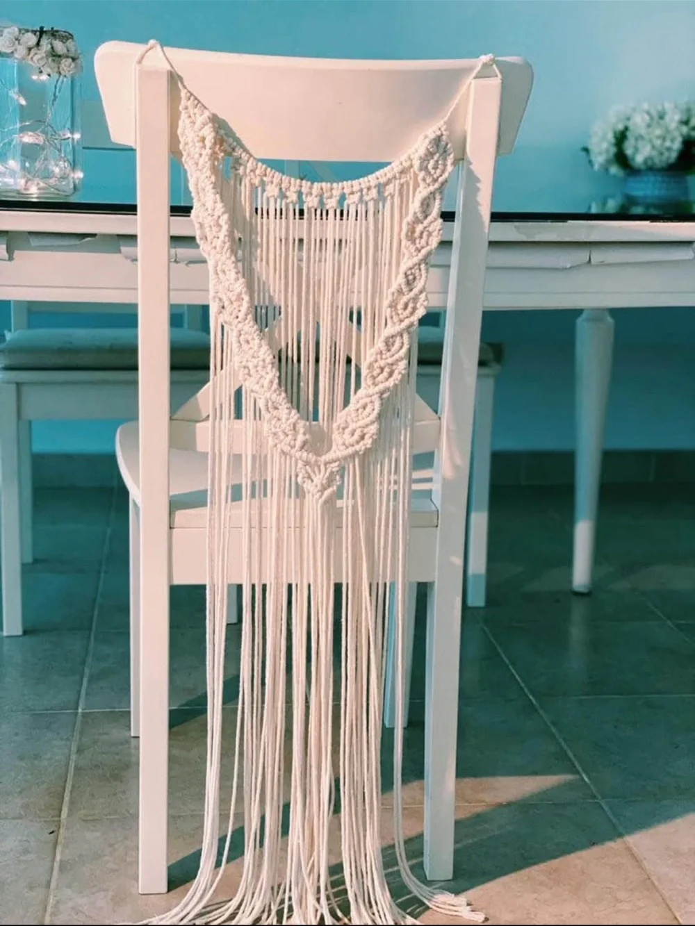 Handmade Boho Macrame Chair Back Decoration One-of-a-Kind Wall Hanging Cream